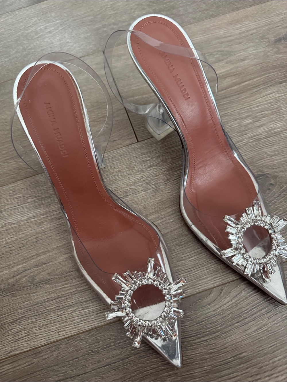 Amina Muaddi Clear PVC Crystal-Embellished Pointed Slingbacks with Brown Insole
